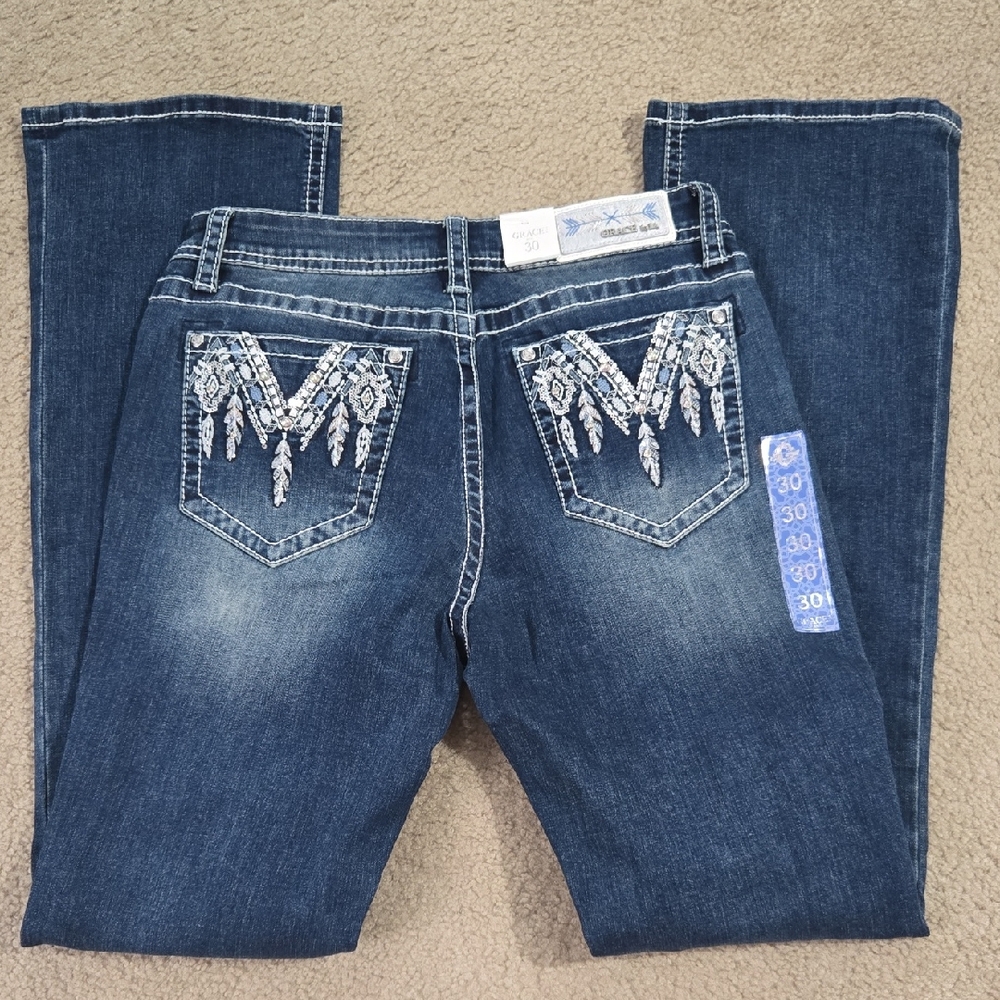 Grace in LA Blue Boot Cut Jeans with Embellished Pockets - Picture 1 of 11